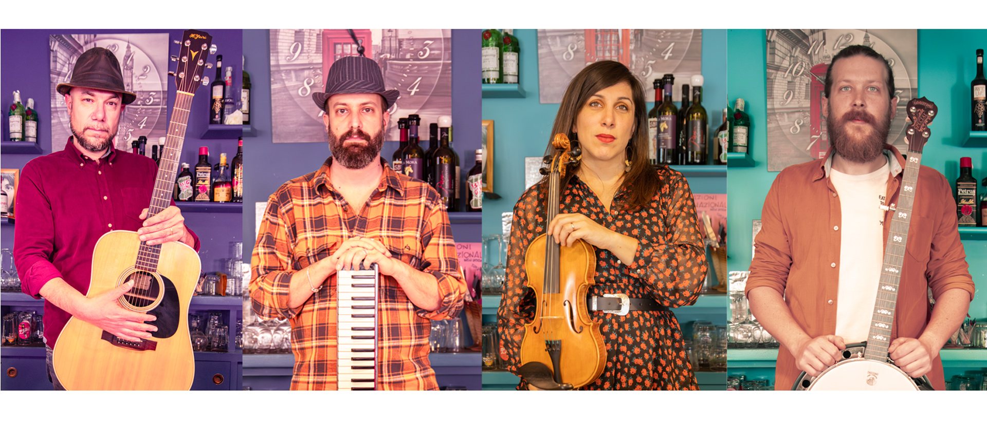 Marcello Dolci with guitar, Michele Tani with keyboard, Stefania Pozzi with violin, Marco Maccari with banjo